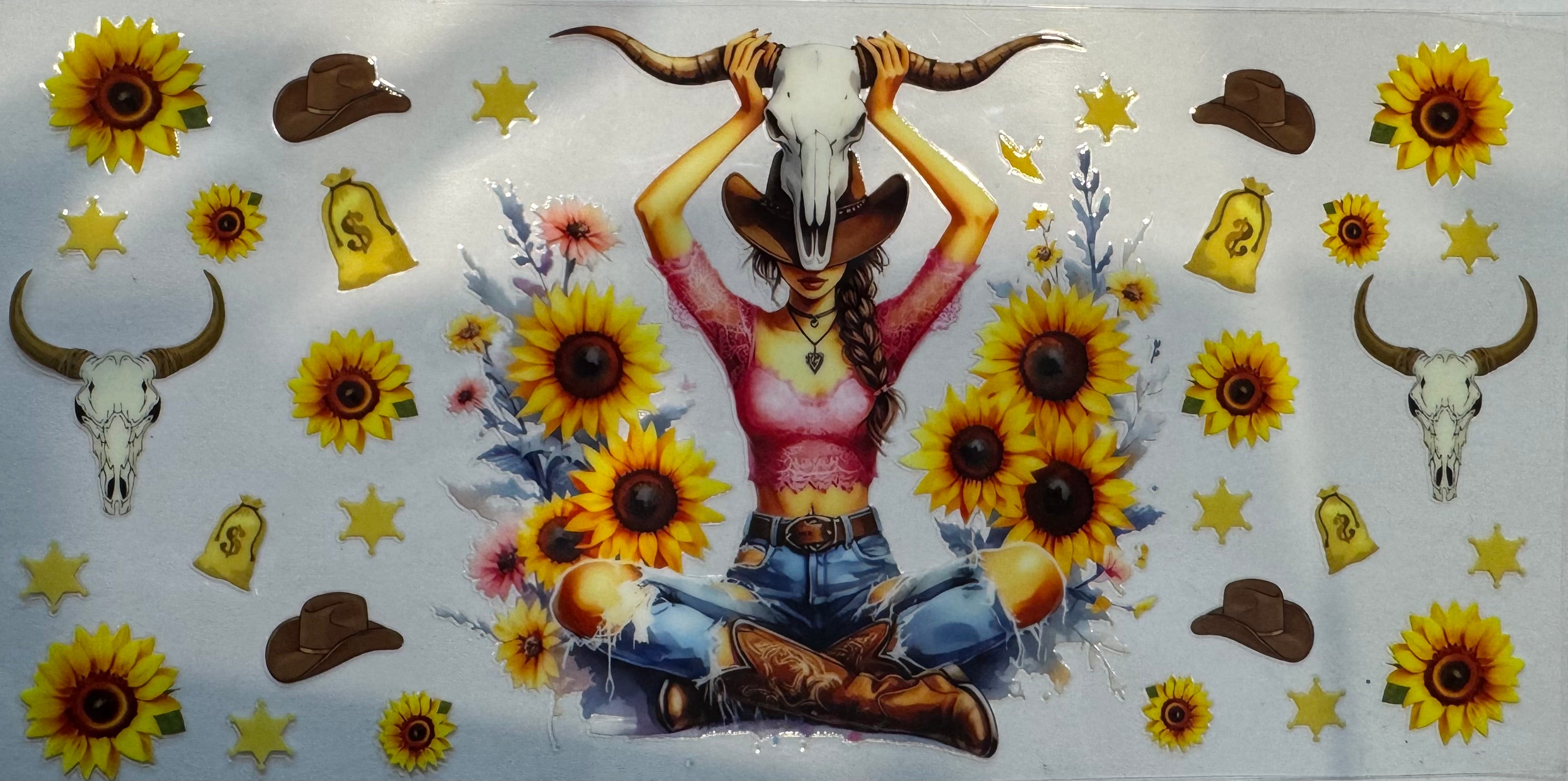 Sunflower Cow girl 16oz Uv DTF Wrap