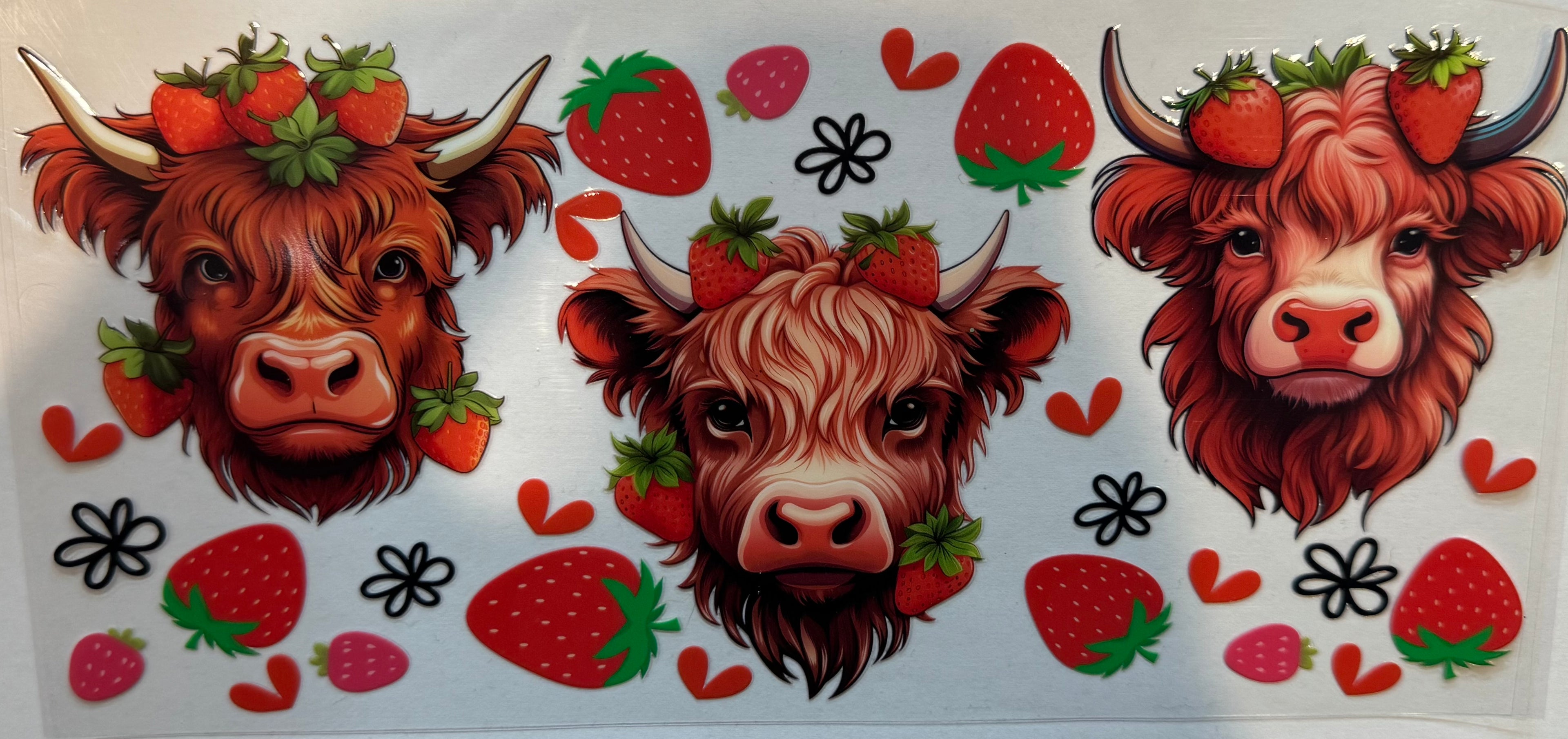 Strawberry High Land Cows 16oz Uv DTF Wrap