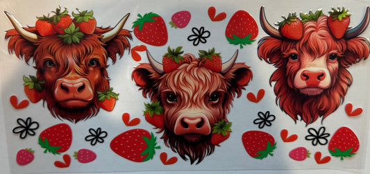 Strawberry High Land Cows 16oz Uv DTF Wrap