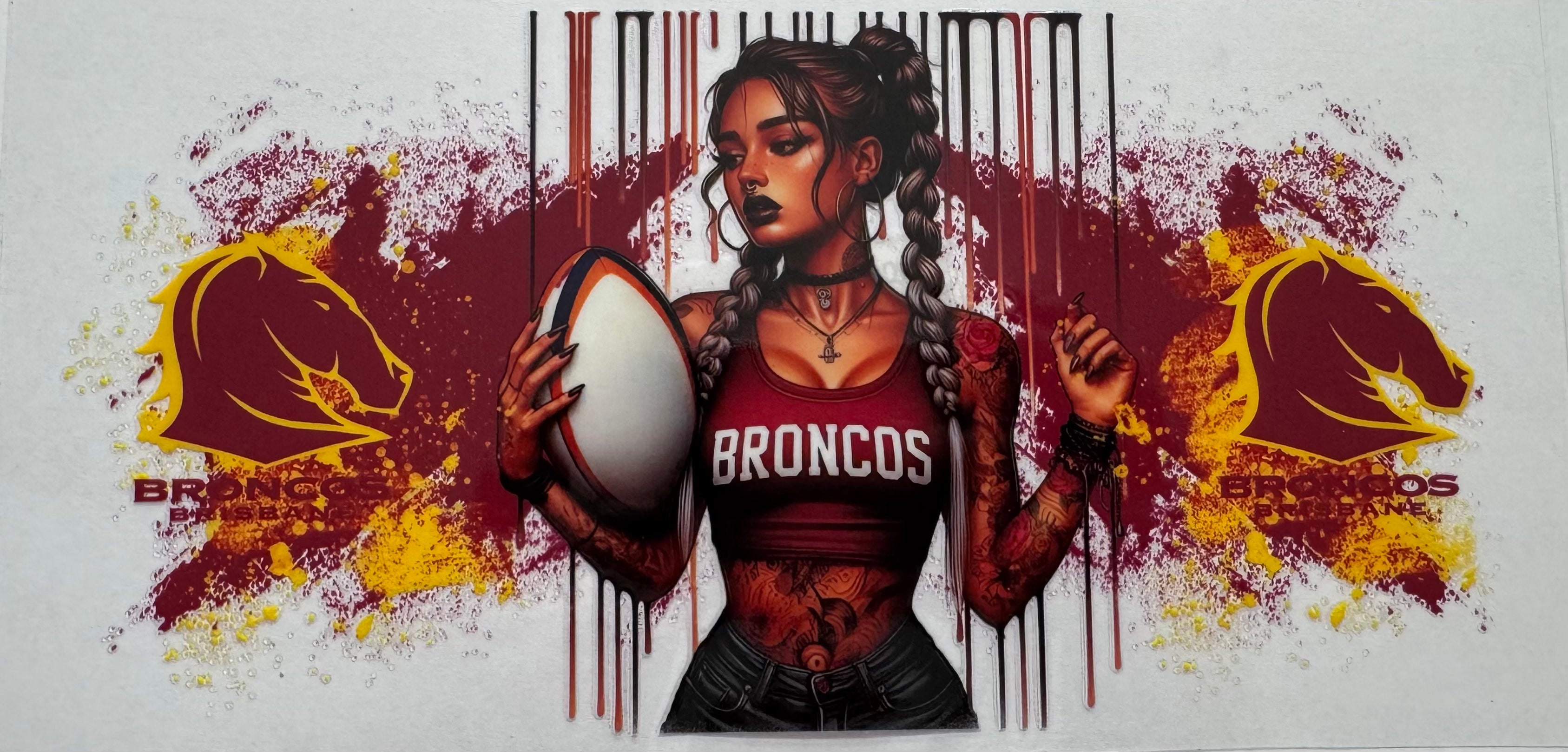 Broncos Tattoo girl 16oz Uv DTF Wrap