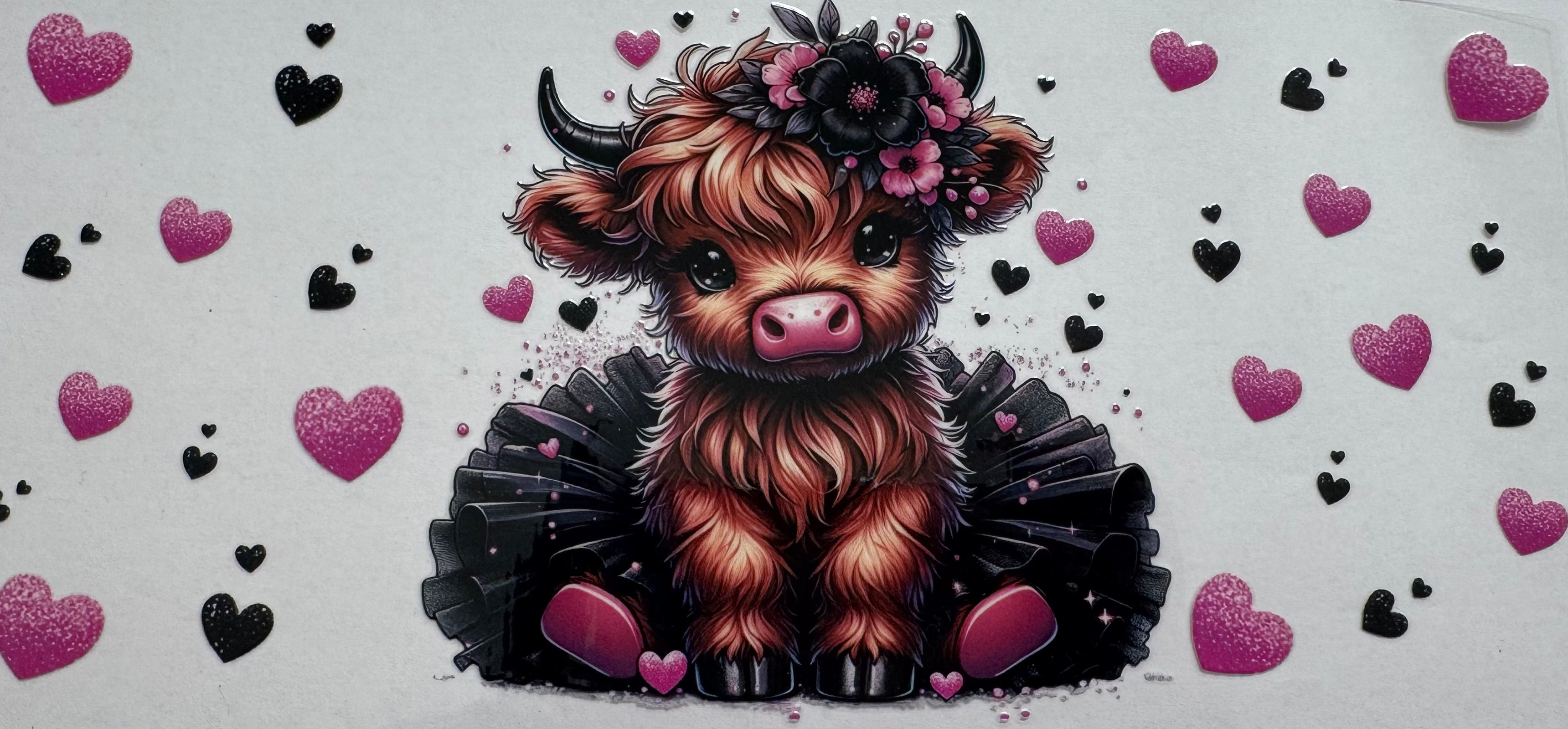 Black tutu Highland Cow 16oz Uv DTF Wrap