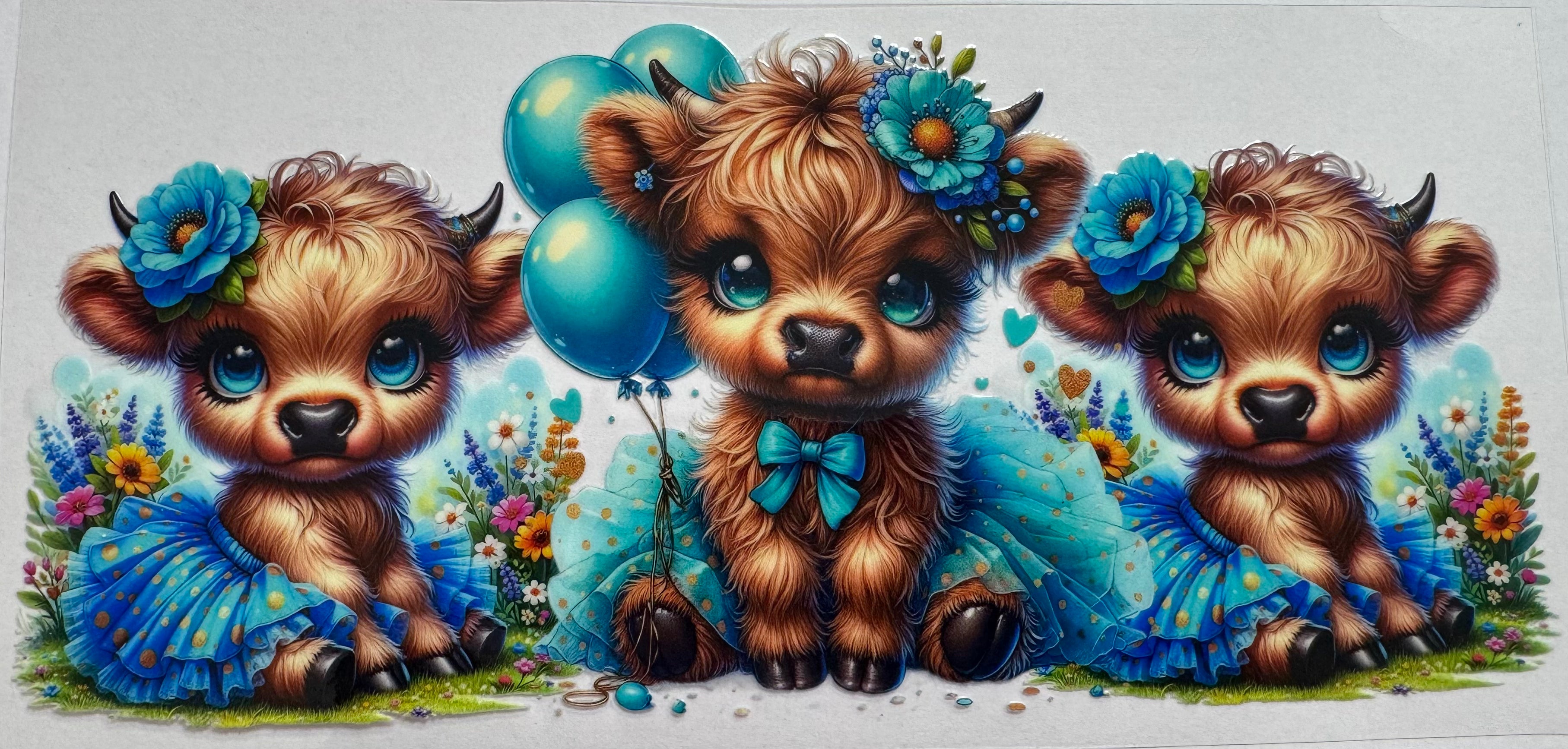 Blue tutu Highland Cow 16oz Uv DTF Wrap