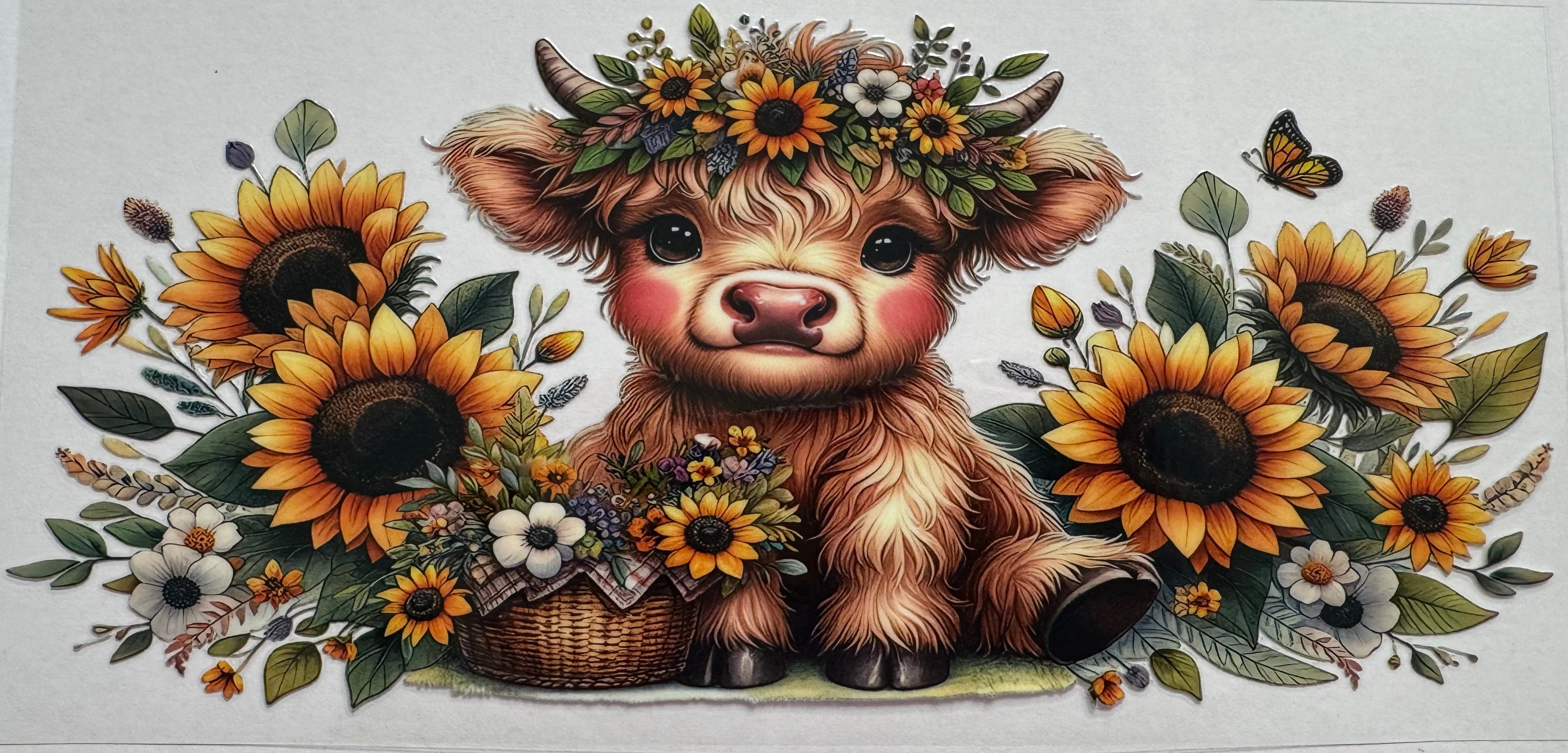 Yellow daisy Highland cow 16oz Uv DTF Wrap