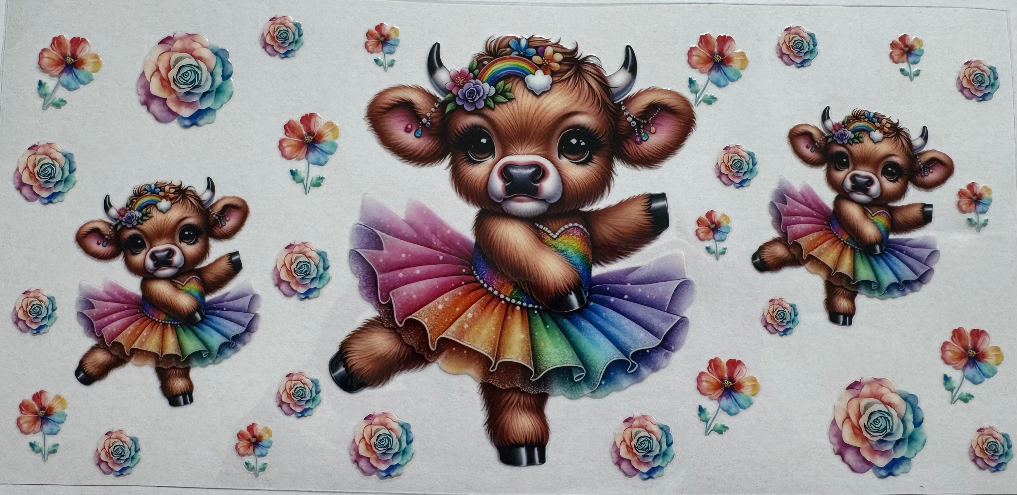 Rainbow tutu Highland cow 16oz Uv DTF Wrap