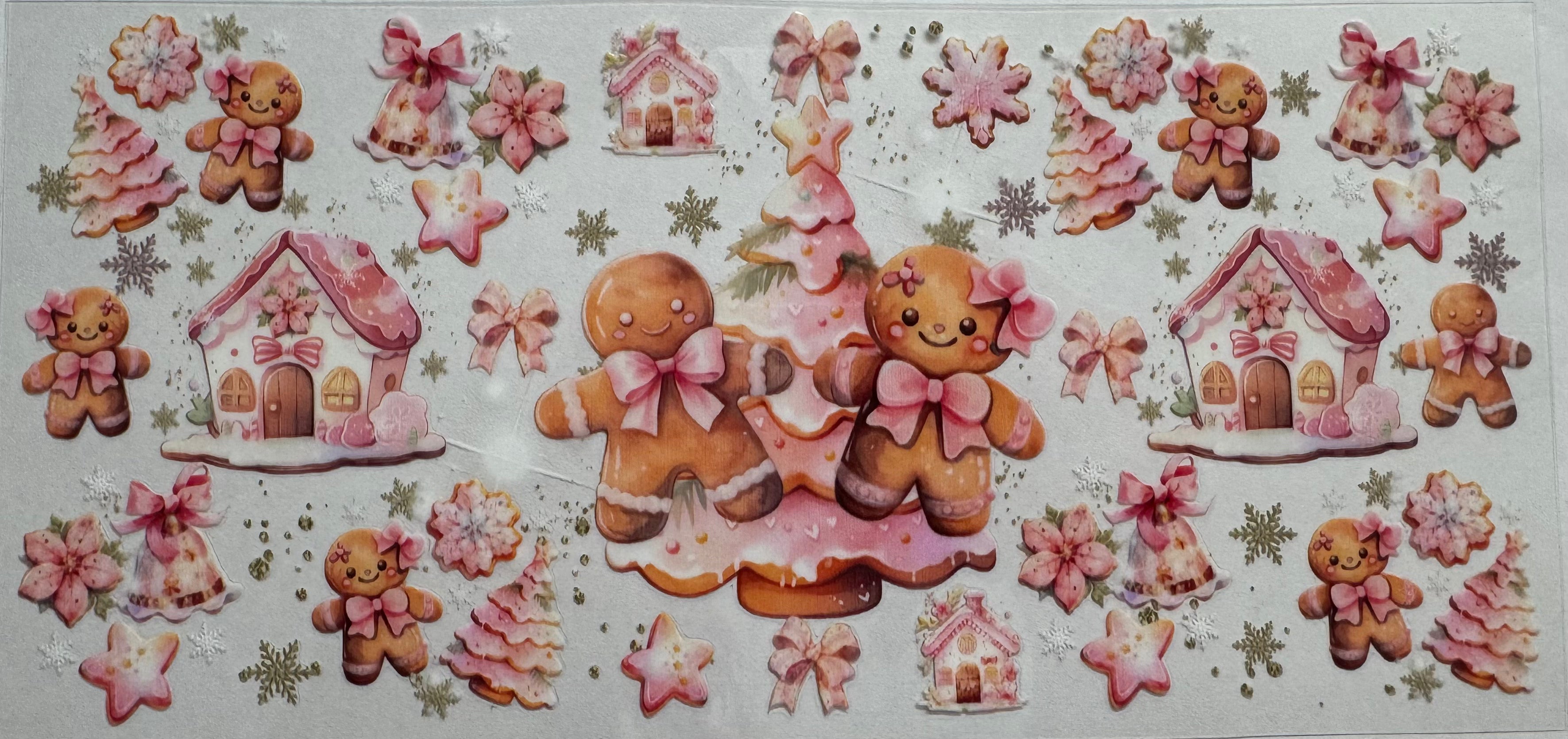Pink gingerbread house 16oz Uv DTF Wrap