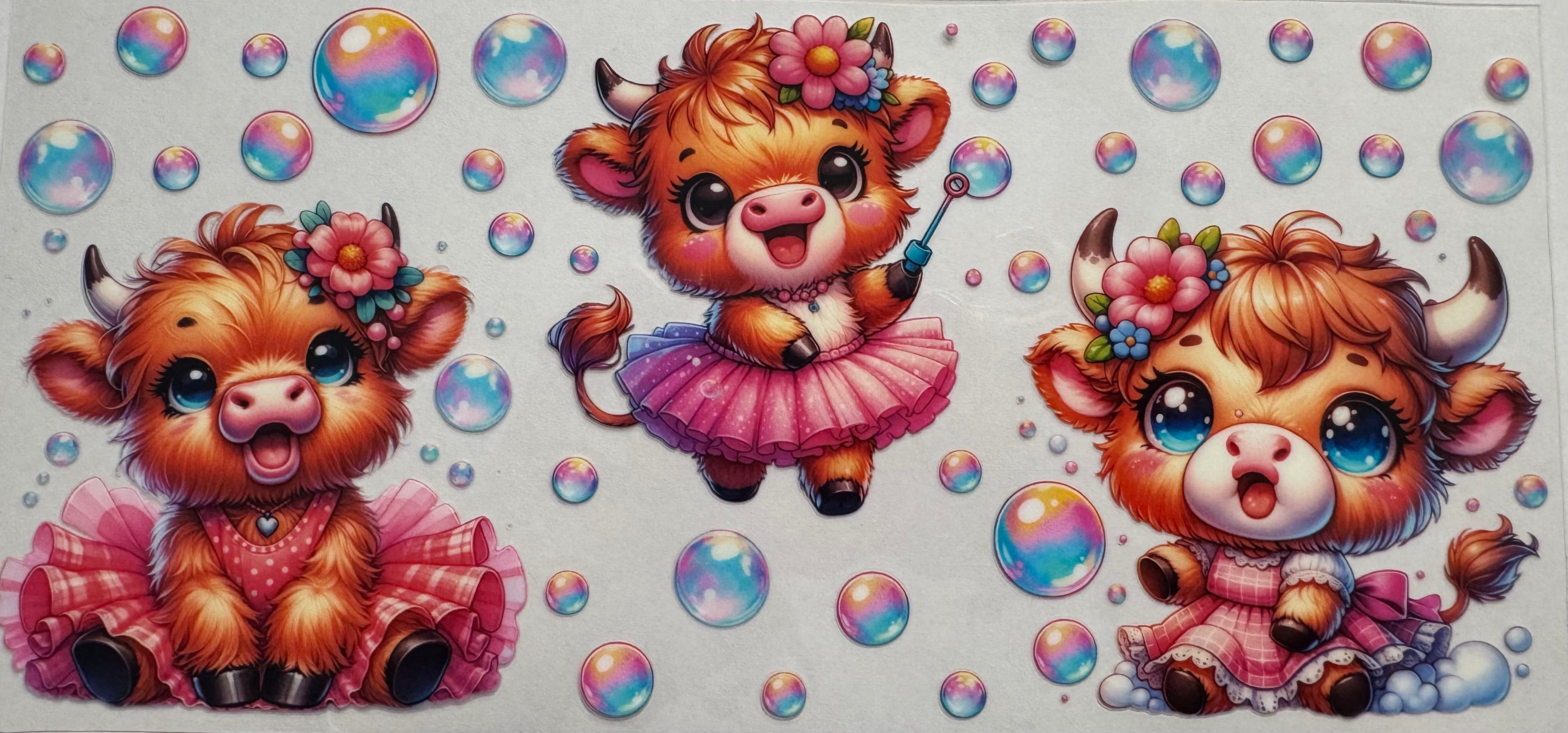 Pink tutu and bubble highland cow 16oz Uv DTF Wrap