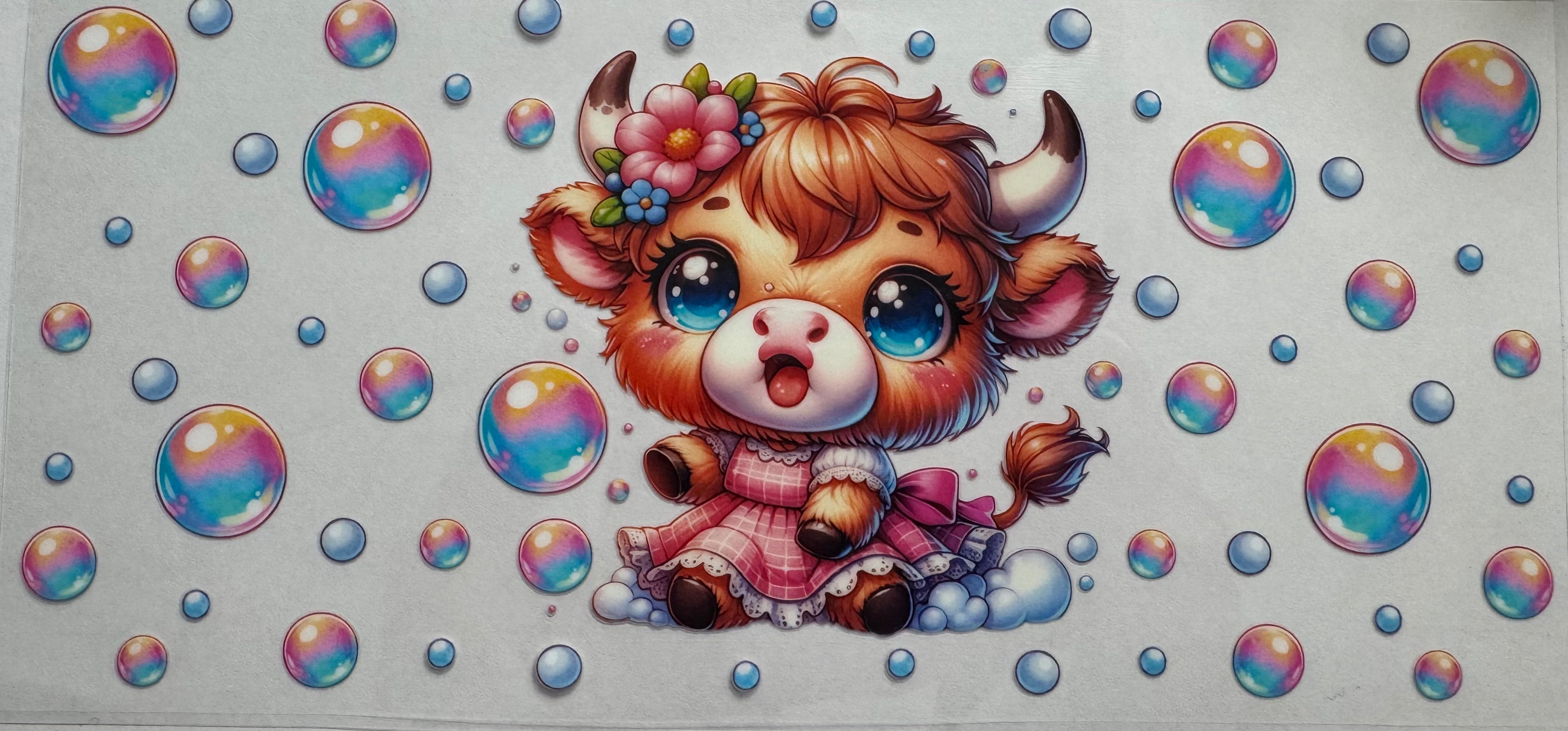 Highland cow with bubbles 16oz Uv DTF Wrap