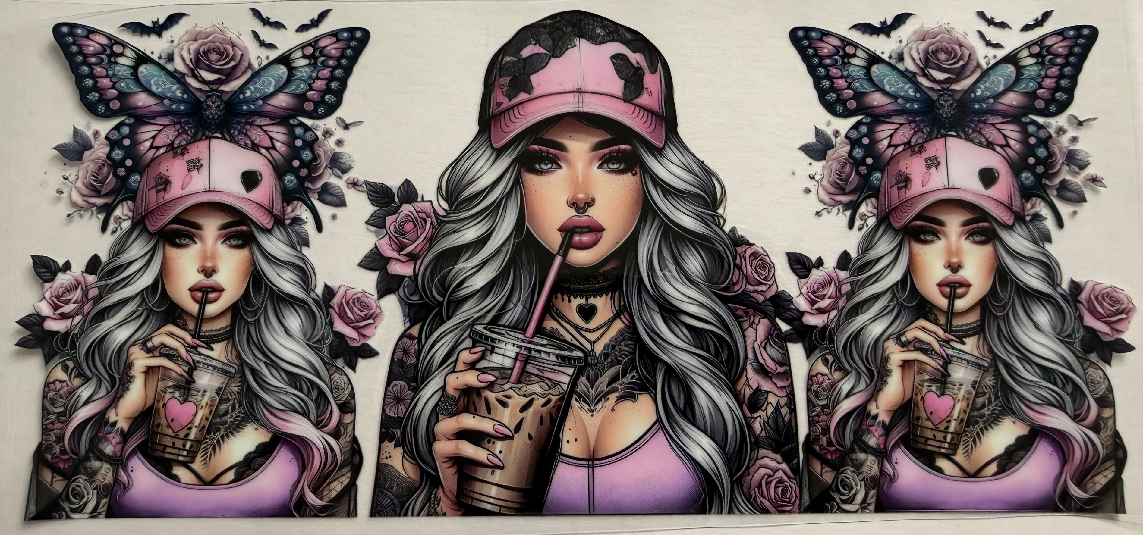 Tattoo girl drinking coffee 16oz Uv DTF Wrap