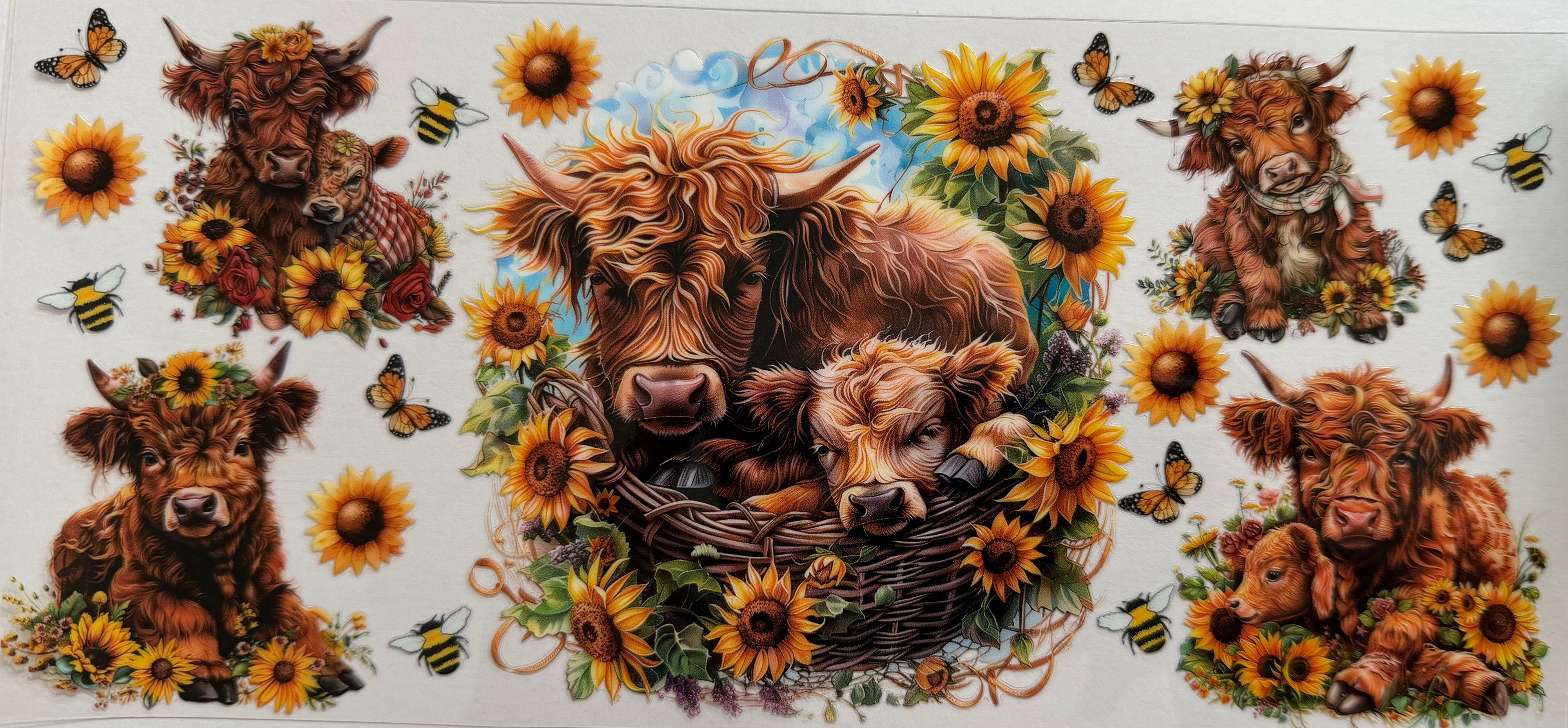 Highland cows in basket 16oz Uv DTF Wrap