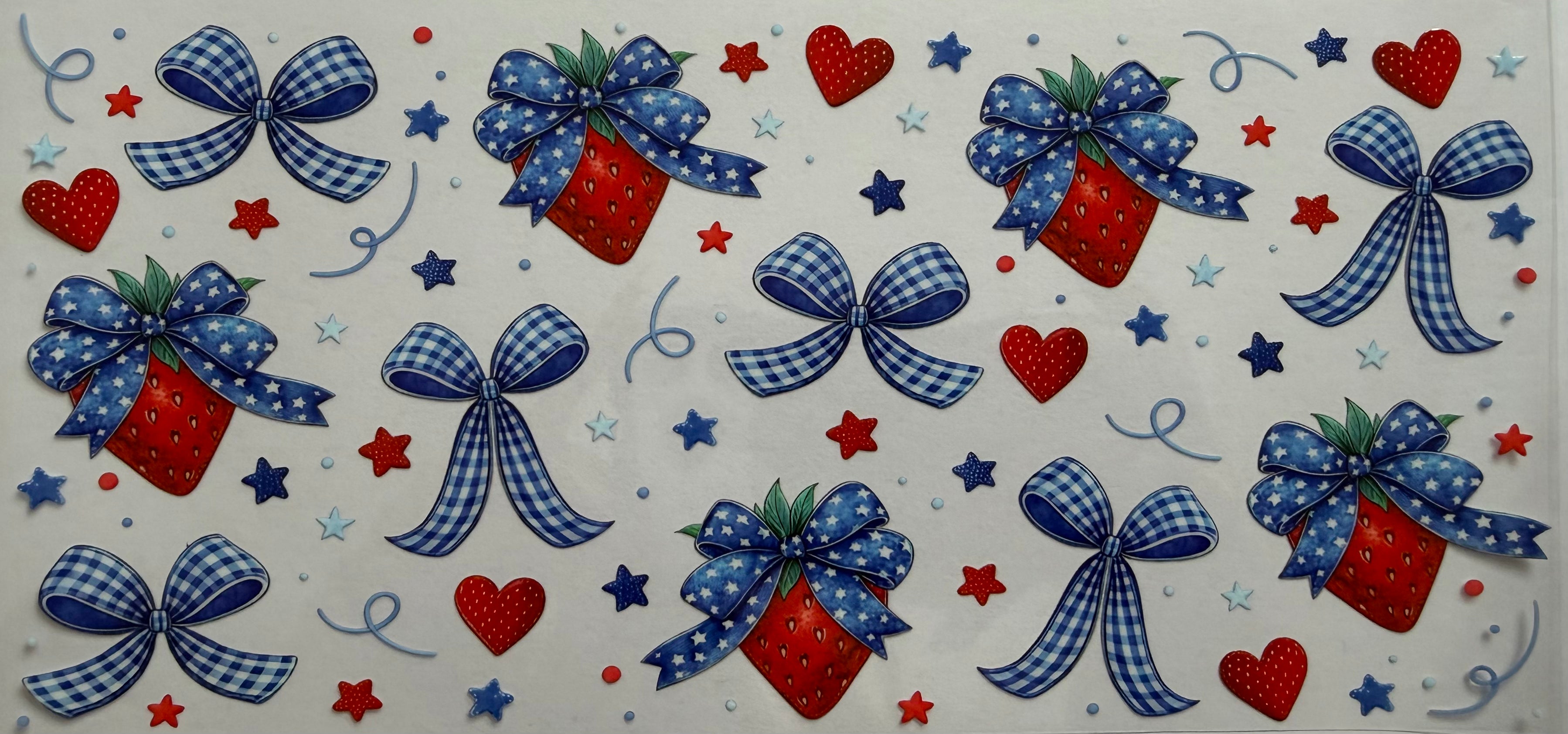 Strawberries and blue bows 16oz Uv DTF Wrap