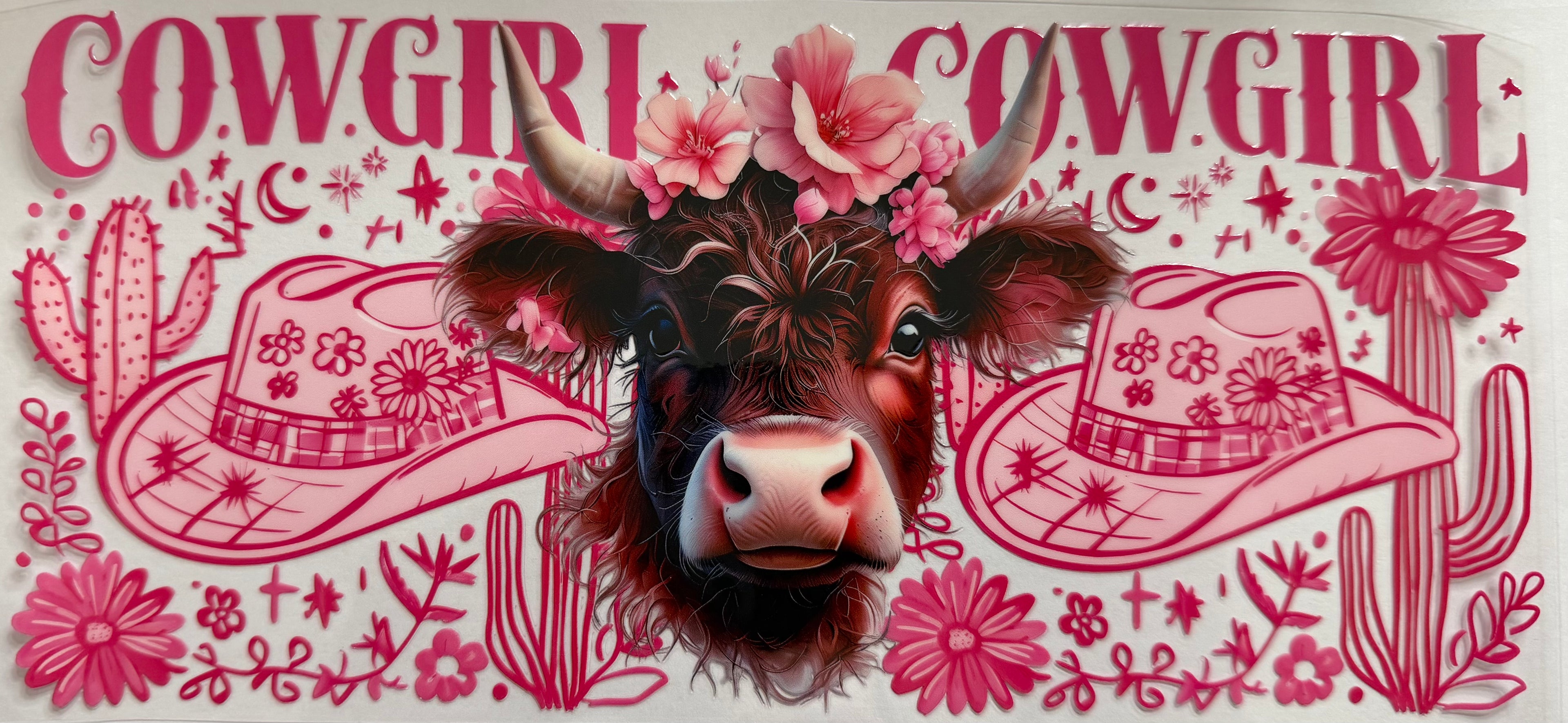 Light pink cowgirl highland cow 16oz Uv DTF Wrap