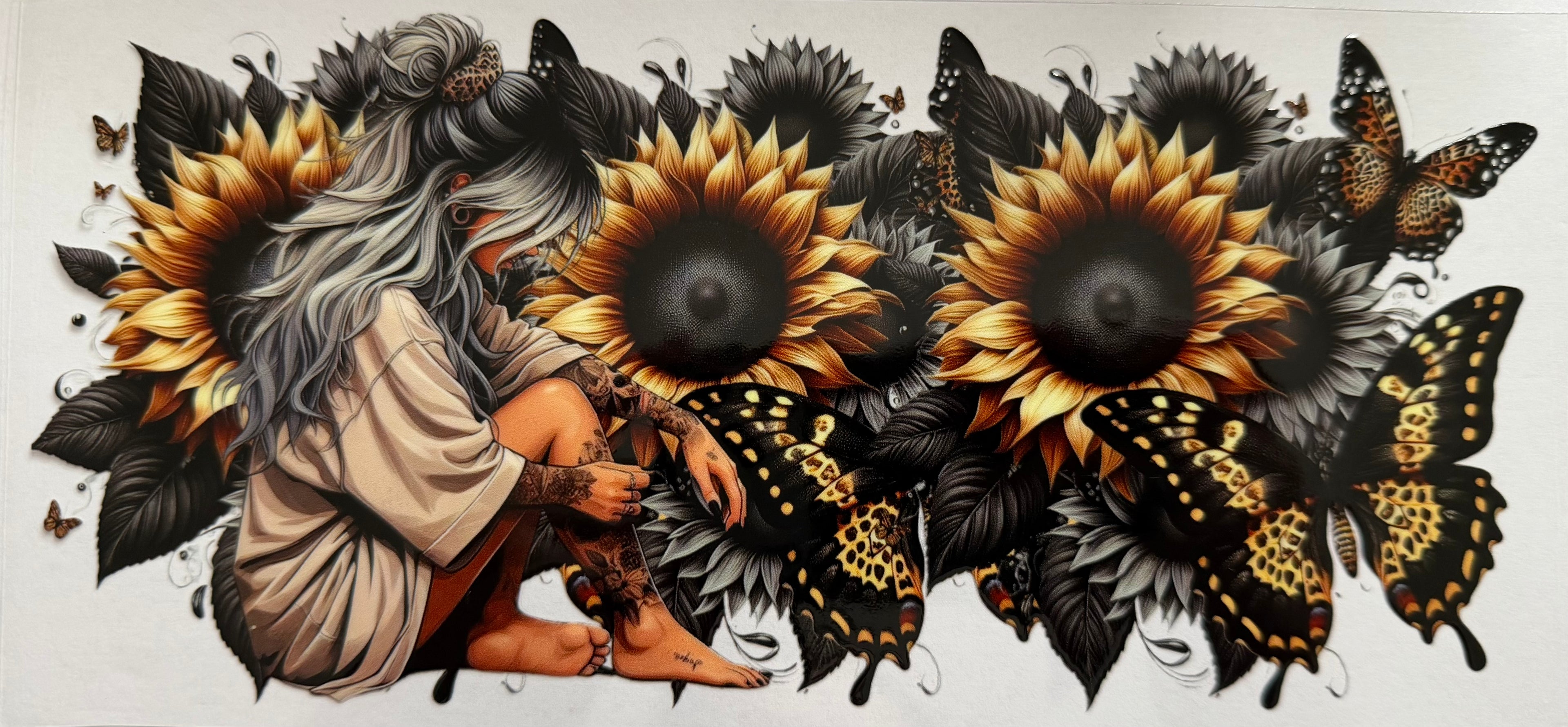 Sunflower and butterfly girl 16oz Uv DTF Wrap